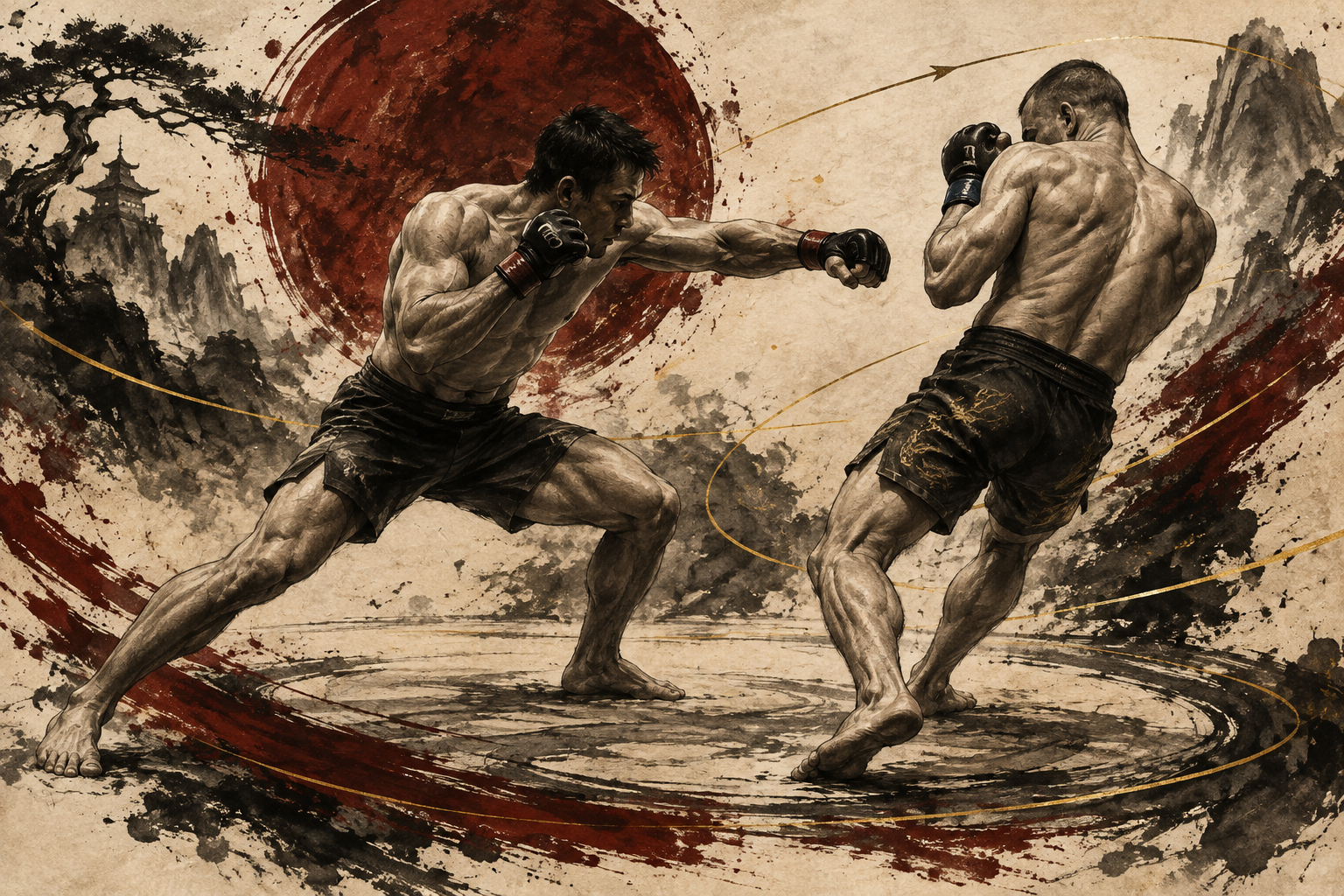 Original illustration of two martial artists studying distance and an entry