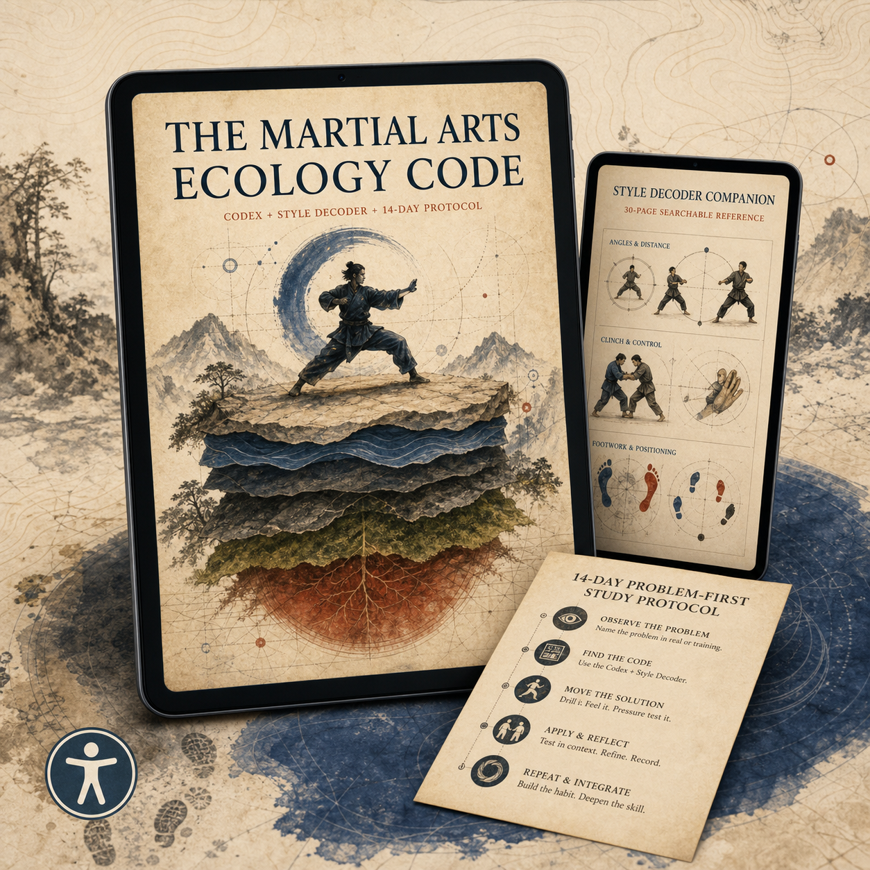 The Martial Arts Ecology Code digital bundle with codex, Style Decoder Companion, 14-day protocol, and accessible edition