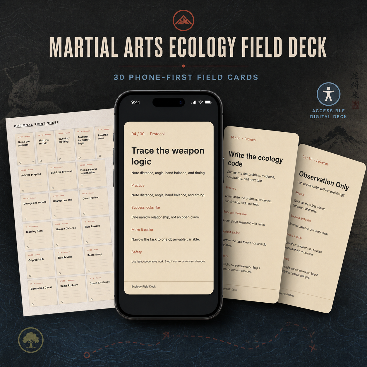 Martial Arts Ecology Field Deck with 30 phone-first cards, optional print sheet, and accessible edition