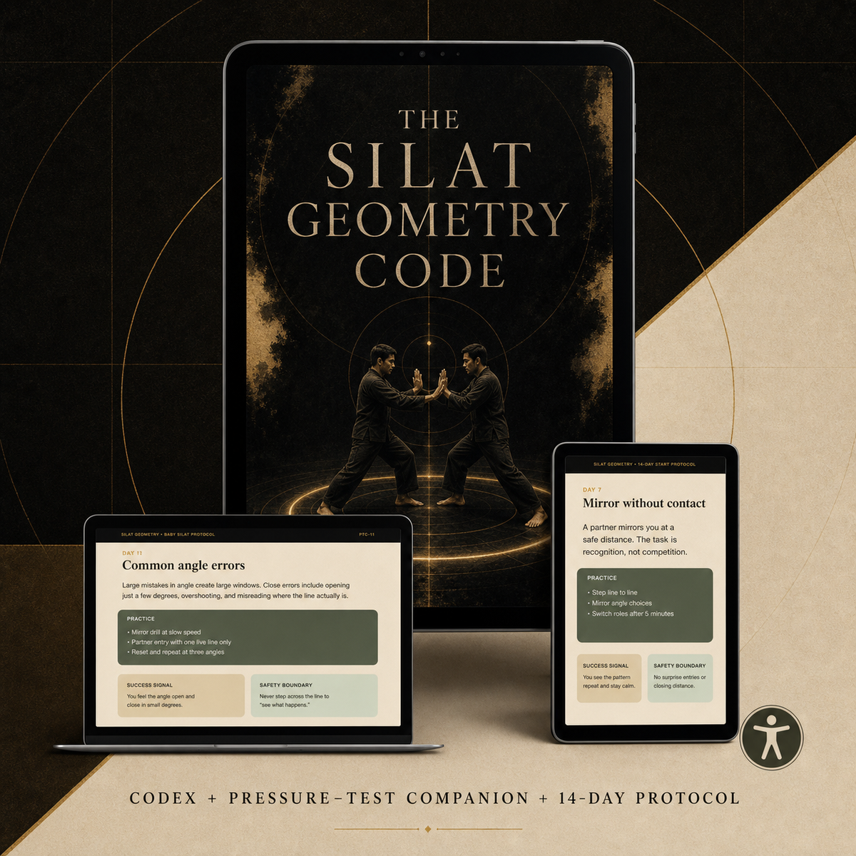The Silat Geometry Code digital bundle with codex, Pressure-Test Companion, 14-day protocol, and accessible edition