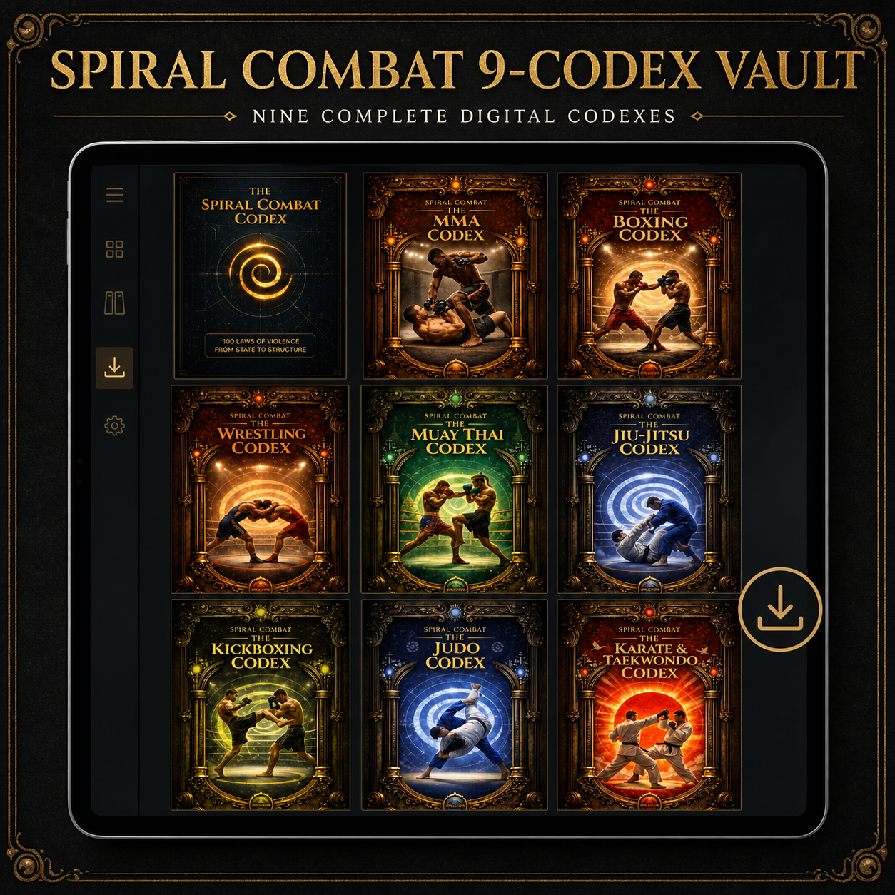 Spiral Combat 9-Codex Vault digital library showing all nine included codex covers