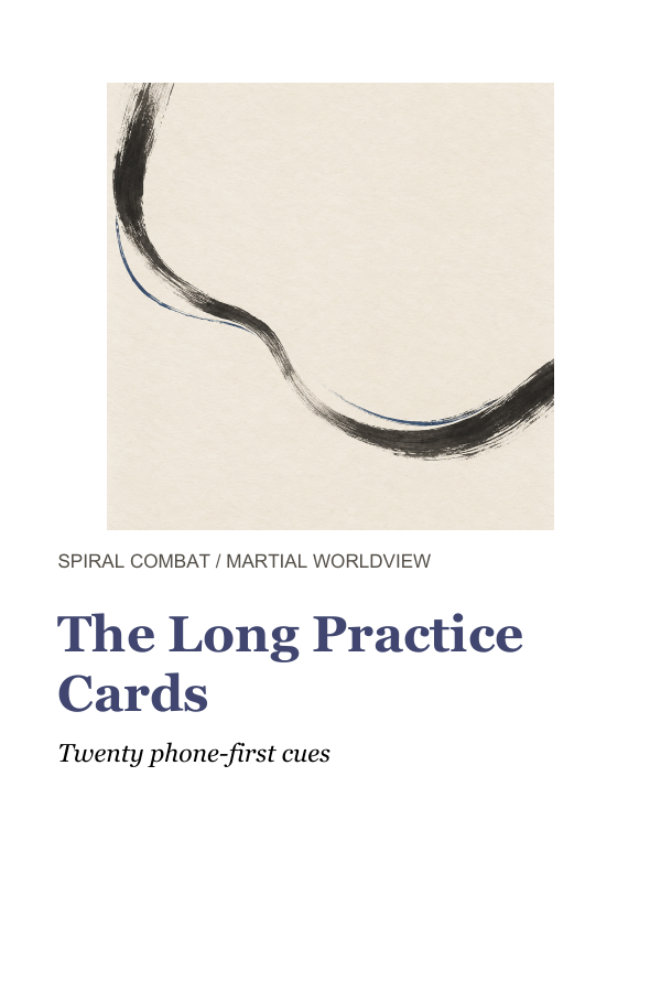 The Long Practice Cards digital field deck cover: a flowing ink brushstroke