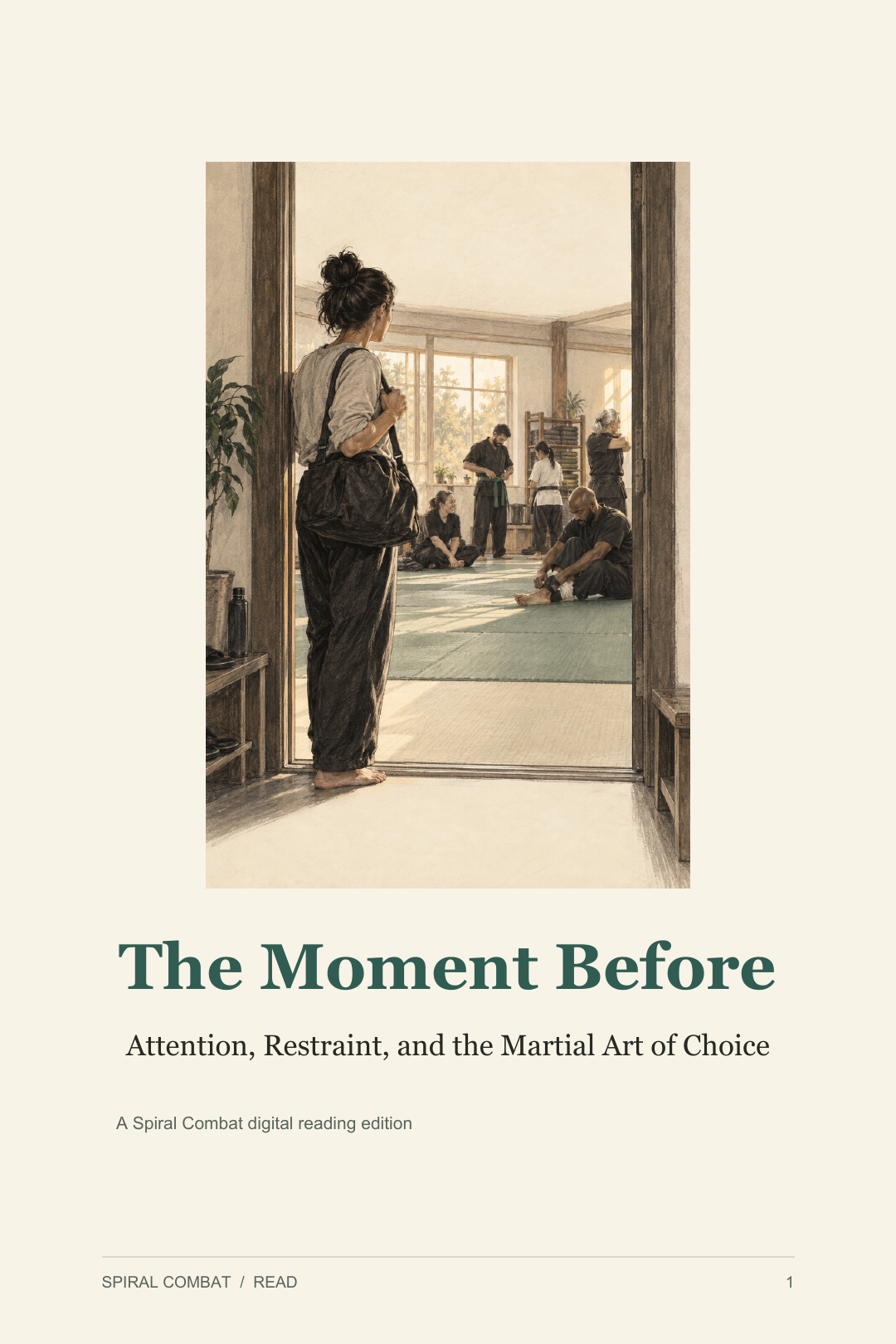 The Moment Before digital book cover: a martial artist pausing at the training-room doorway