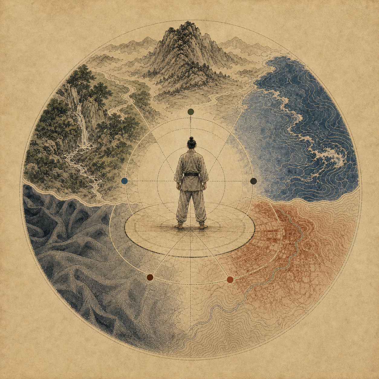 Layered terrain, equipment, rules, and purpose map from The Martial Arts Ecology Code